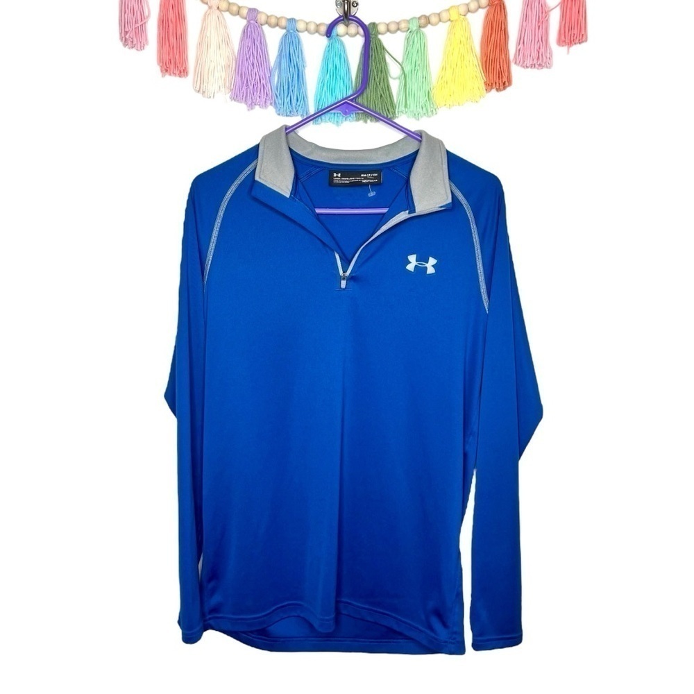 Under Armour Blue Gray Pullover 1/4 Zip Long Sleeve Loose Coupe Top Size Small